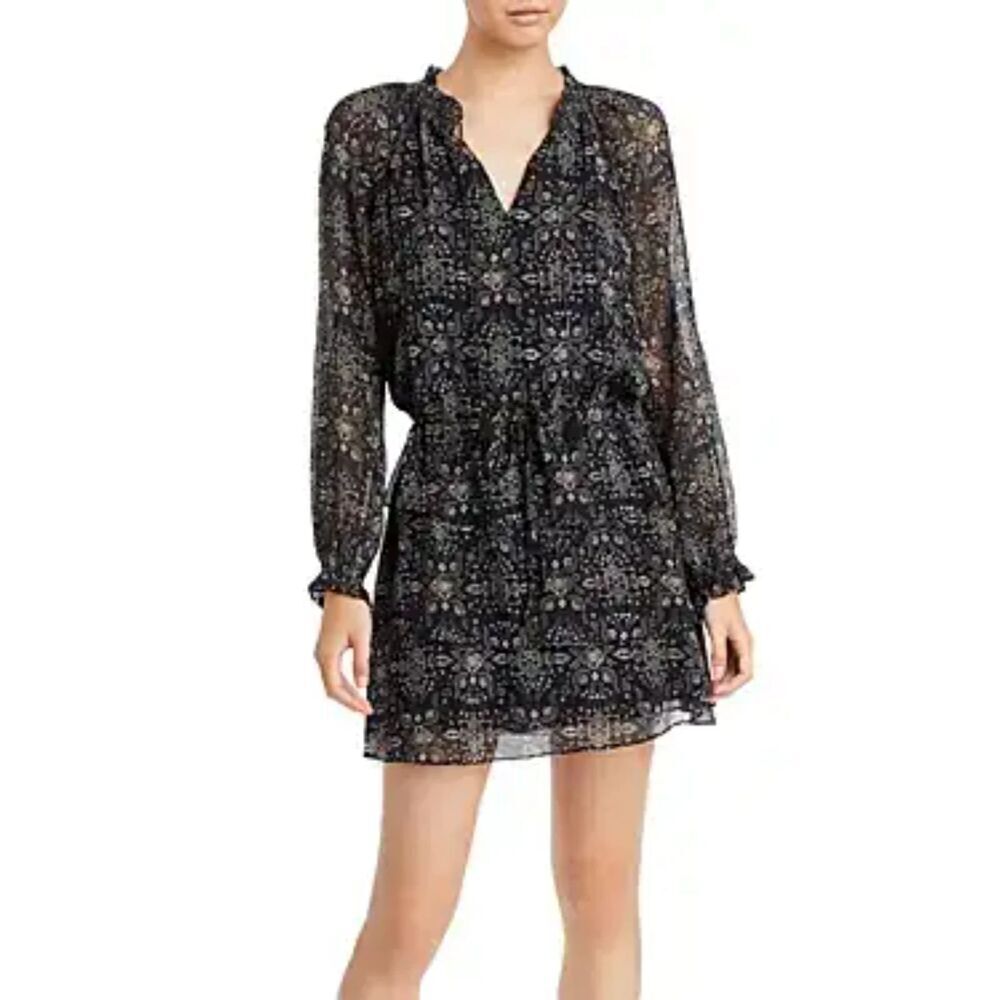 Paige Calla Dress Womens Small Black Paisley Silk Shift Boho Long Sleeve Mini